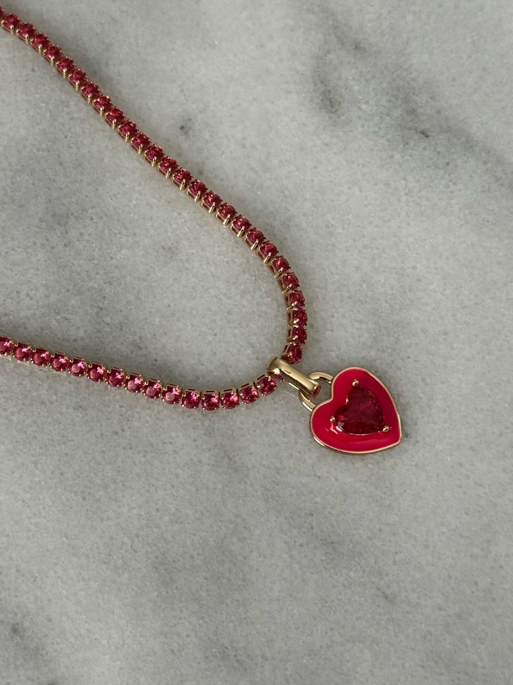 Gold Red Crystal Pave Tennis Chain Heart Pendant Necklace 

Brand New